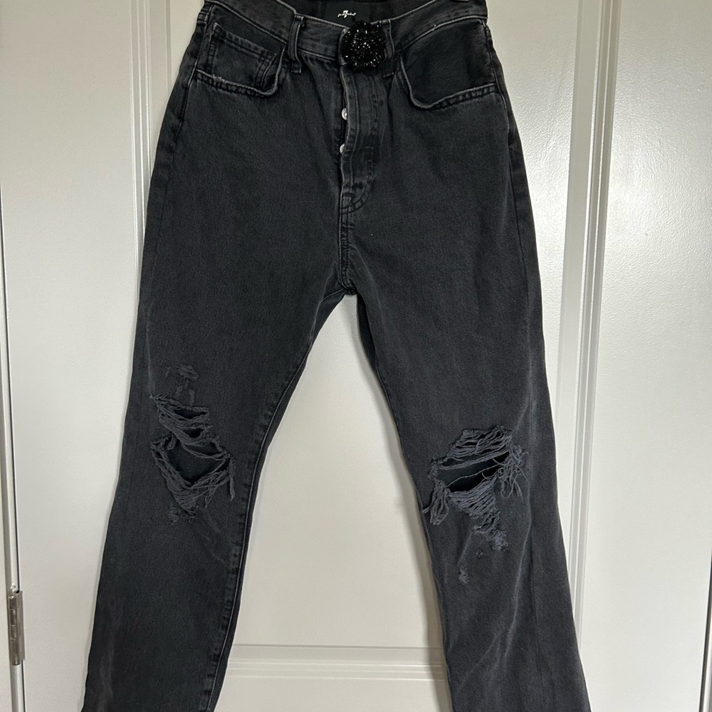 7 For All Mankind Black Easy Straight Leg Distressed 5 button Jeans
